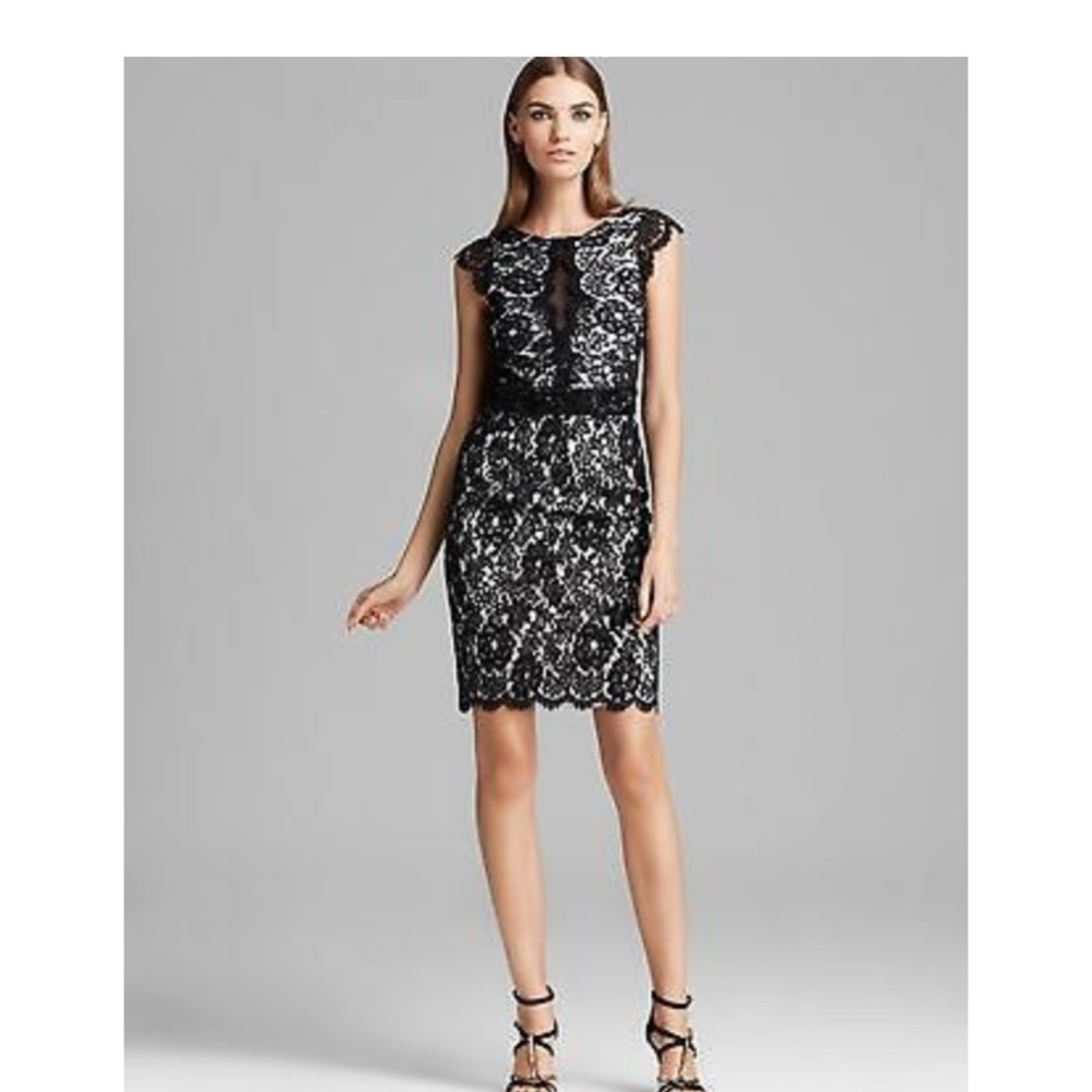 Monique Lhuillier Black Cap Sleeve Lace Dress